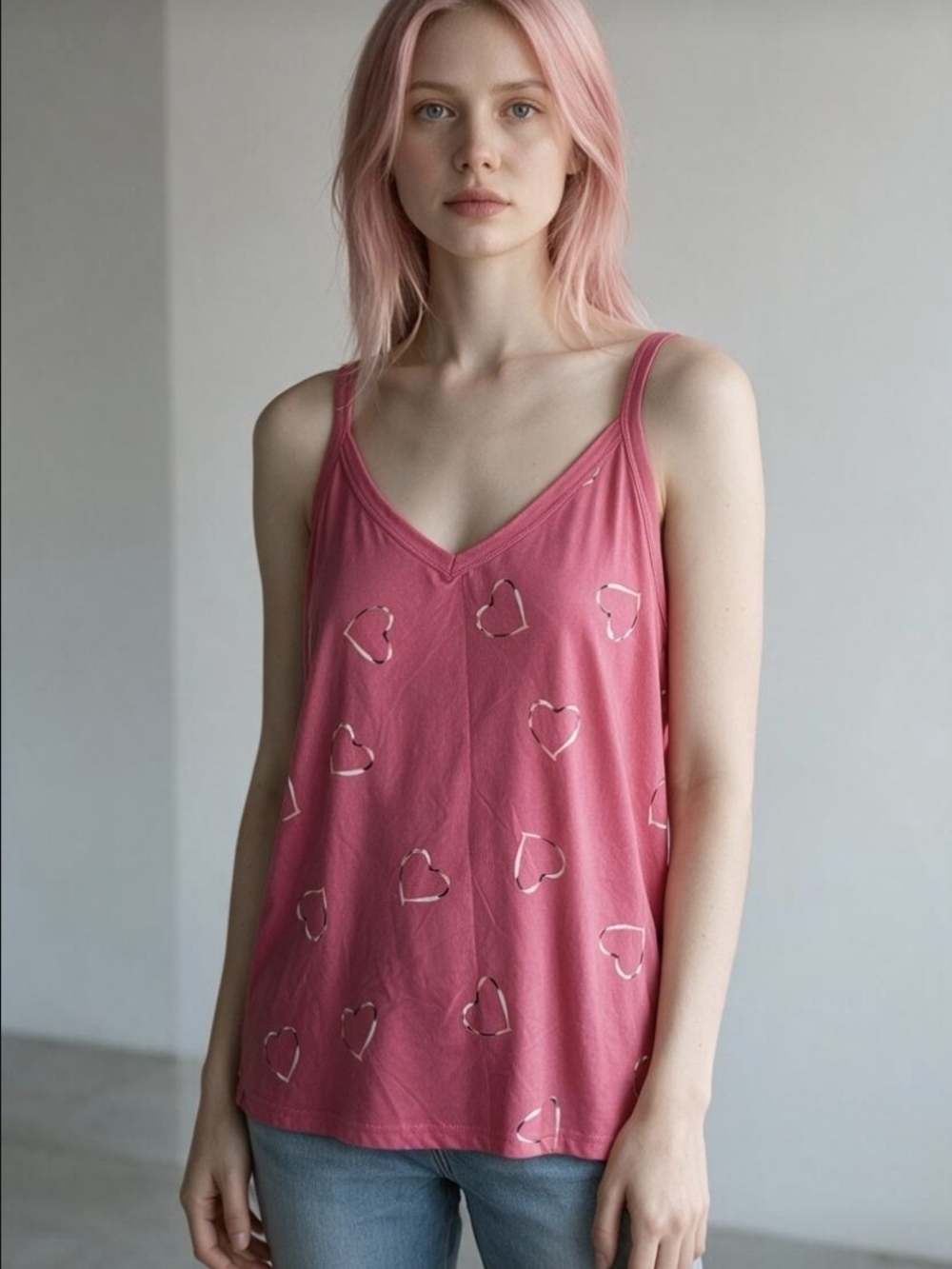 Women's Set Of 2 Pink Heart-Print V-Neck Camisole Tank